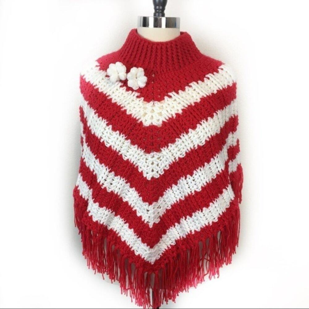 Poncho Red White Vintage Hand Made High Neck S-1X One Size Fits Most Kitsch